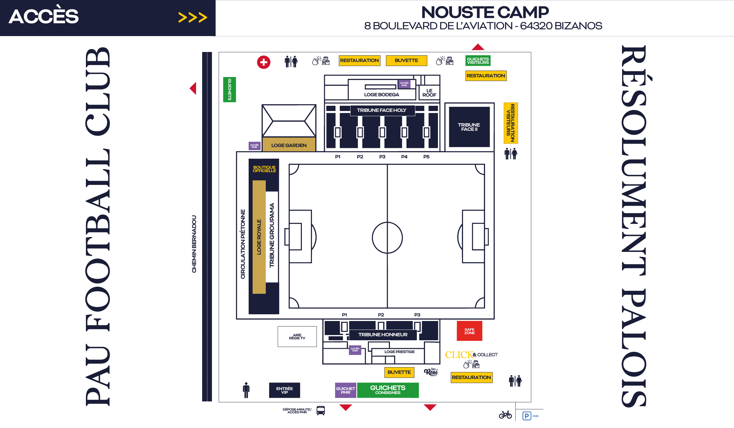 Plan d'accès du Nouste Camp : tribunes, guichets, accès PMR, buvettes, Safe Zone, dépose-minute et parkings